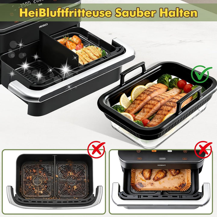 2er Set Glas Auflaufform für Airfryer mit Silikongriffen für Ninja Heissluftfritteuse Zubehör AF400E