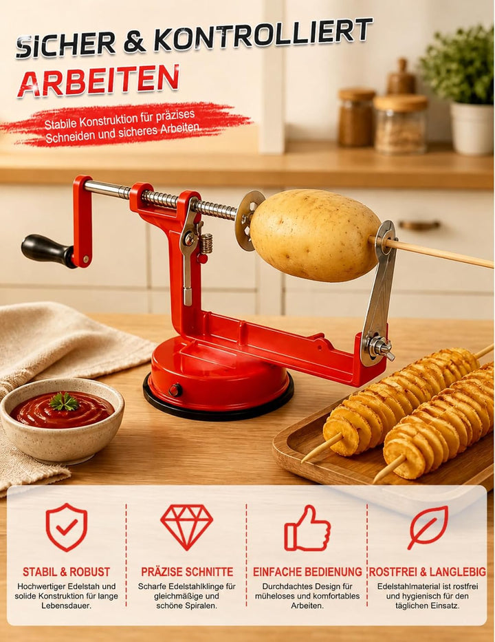 Kartoffelspiralschneider Edelstahl Manuell – Spiralschneider Kartoffel mit Saugnapf, Kartoffelschnei