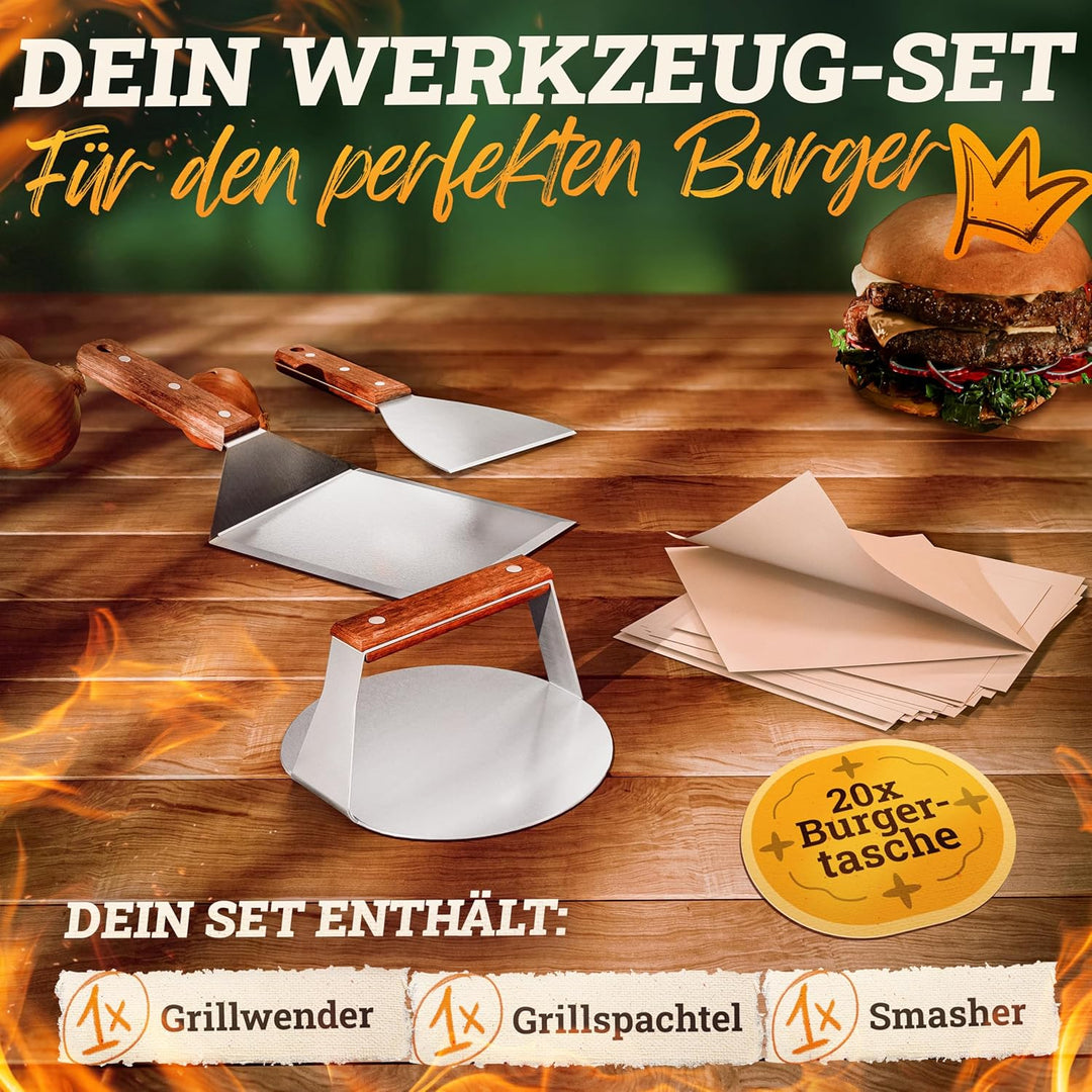 [BUNDLE] Plancha Edelstahl Grillplatte [20x40cm] + Burger-Smasher Set – 4x Grillspachtel & Burger Sm