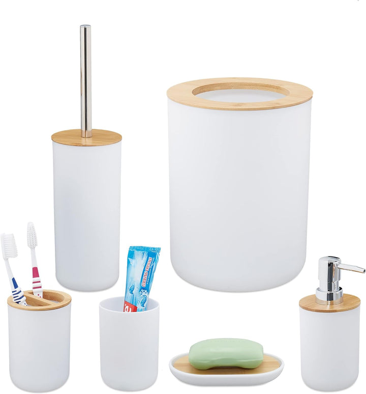 Relaxdays Badezimmer Set, 6-teilig, Badaccessoires Kunststoff, Bambus, komplette Badezimmerausstattu