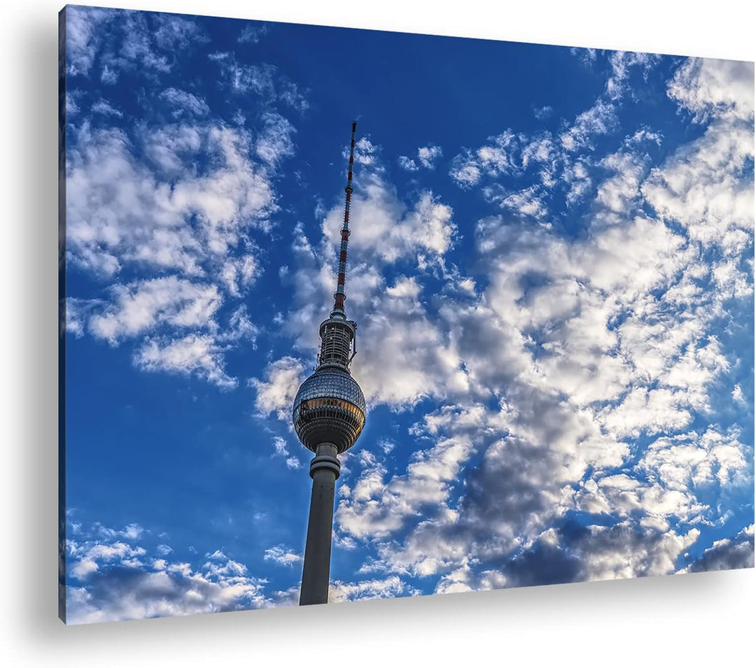 Spitze des Berliner Fernsehturms Format: 80x60 cm als Leinwandbild, Motiv fertig gerahmt auf Echthol