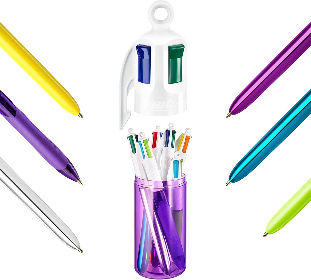 BIC 4 Farben Kugelschreiber Set 4 Colours, 6er Stifte Set in lila Stiftebecher, Geschenkidee für Sam