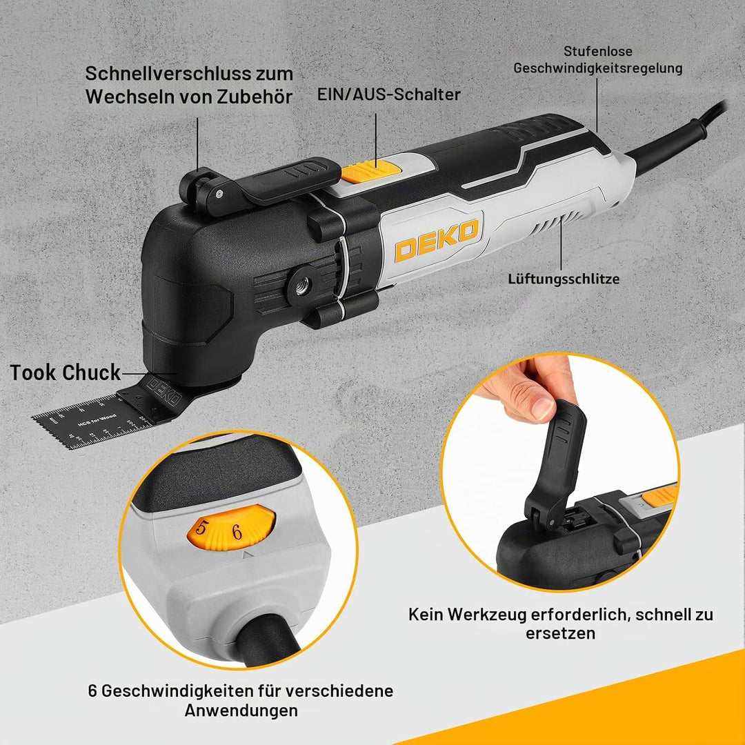 Oszillationswerkzeug 300W: DEKOPRO Multifunktionswerkzeug,15000-22000 RPM,6 Drehzahlen,3°Oszillation
