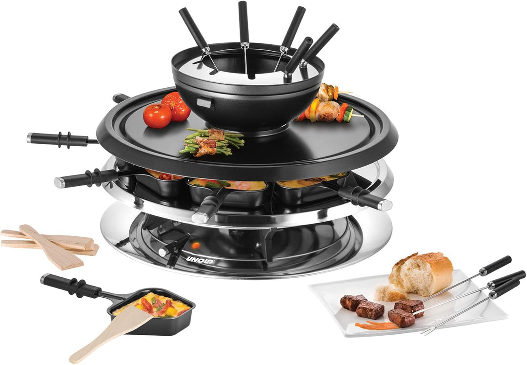 Unold 48726 Raclette Multi 4 in 1-1300 Watt, Für bis zu 8 Personen, Antihaftbeschichtung, Raclette,