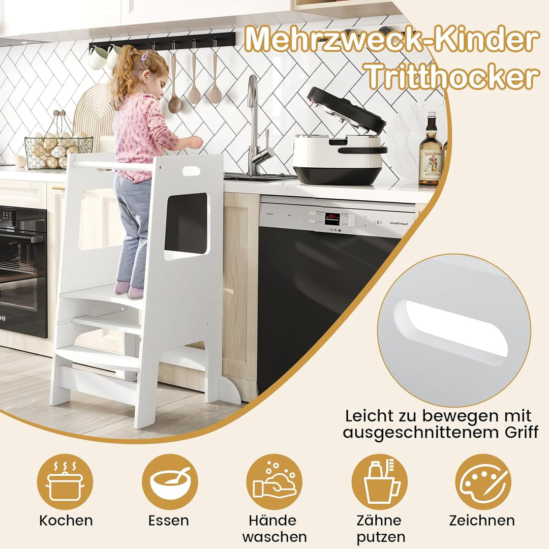 DREAMADE Lernturm ab 1 Jahr, Tritthocker Holz mit doppelseitiger Tafel, Learning Tower Höhenverstell