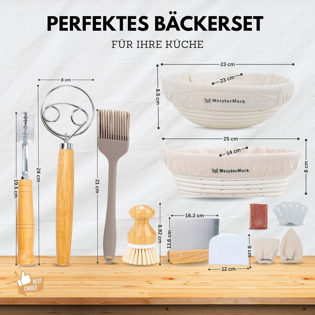 Gärkörbchen 2er-Set – Rund & Oval Gärkörbe aus 100% Rattan zum Brotbacken inkl. Brotbackzubehör: Lei