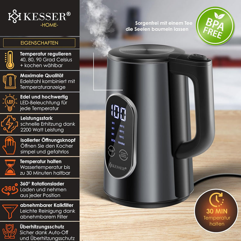 KESSER® Wasserkocher Edelstahl 1.5 Liter | LED-Anzeige | 4-Modi Temperatureinstellung 40°C-100°C | 3