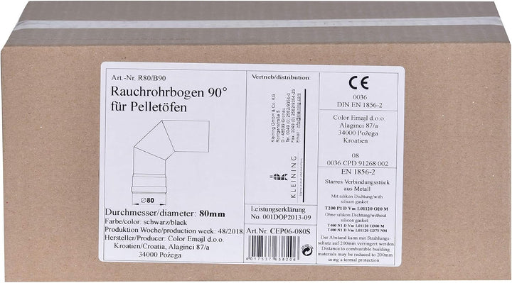 FIREFIX R80/B90 Pelletofenrohr-Bogen aus 1,2 mm starken Stahl in 80 mm Durchmesser, für Pelletöfen u