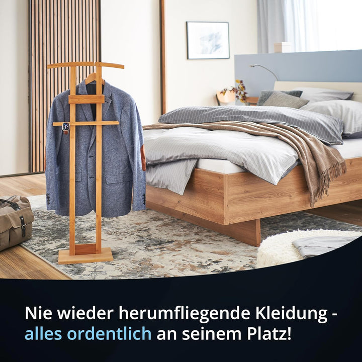 KHG Herrendiener aus Bambus Echtholz für Kleidung, Sackohalter mit Hosenbügel sowie Accessoire-Fach,