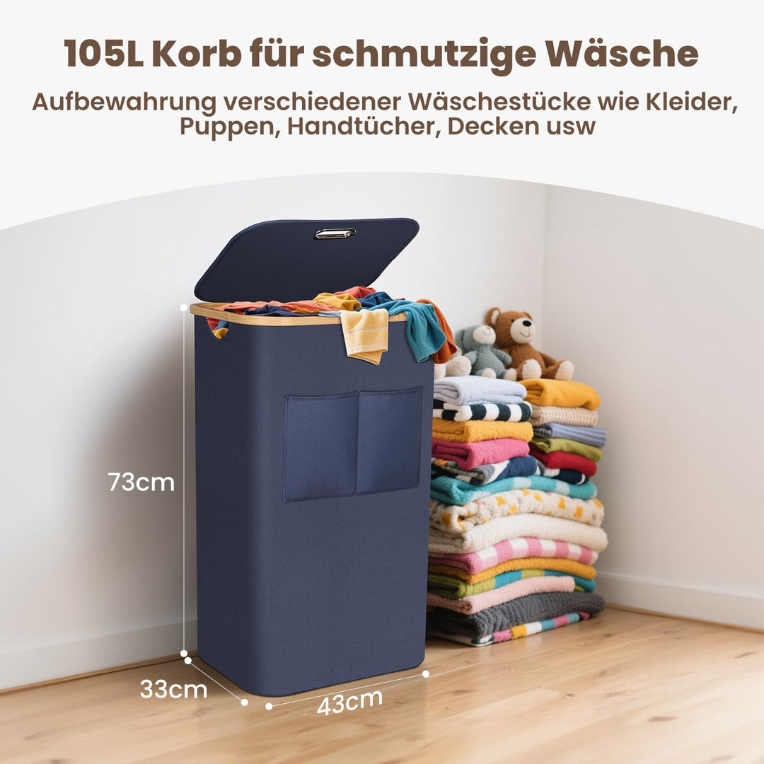 OUSFOT Wäschekorb mit Deckel 105L, Wäschesammler mit Griffen aus Bambus, Laundry Basket Wasserdicht