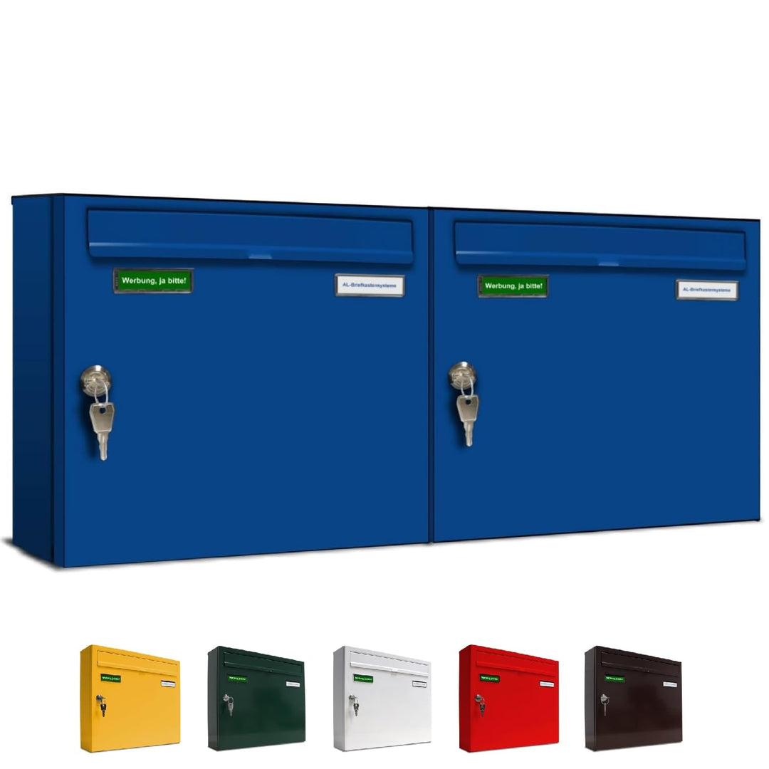 AL Briefkastensysteme Basic 2er Briefkasten RAL 5010 Enzian Blau 2 Fächer DIN A4 wetterfest Briefkas