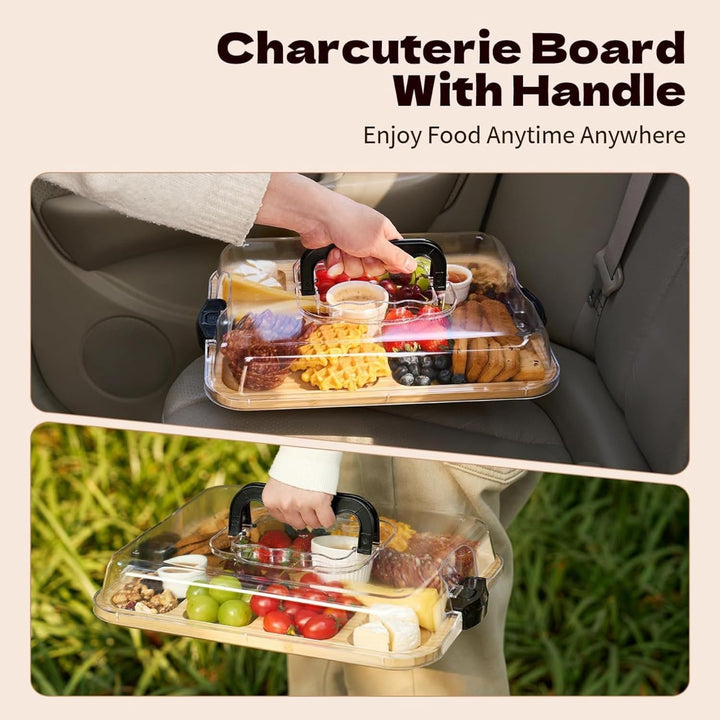 Wurstwarenbrett mit Deckel Bamboo Charcuterie Boards mit Clear Deckel & Handles 6 Fächer, die Tablet