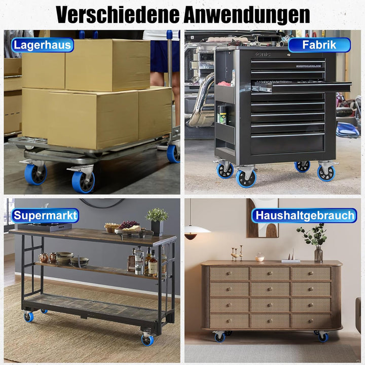 4PCS Lenkrollen 75mm inkl. Montagezubehör Transportrollen Schwerlastrollen mit Bremsem 360° Drehung