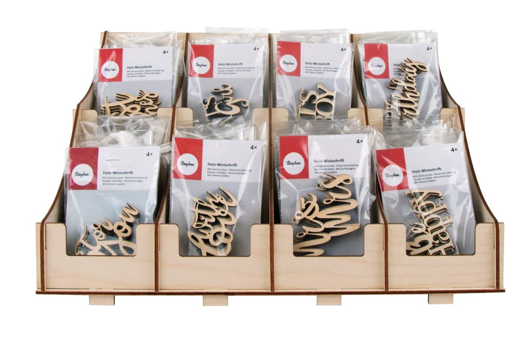 Rayher Display Holz Minischriften, FSC zertifiziert, 8 Schriftzüge je 8 Beutel, gesamt 64 Beutel Min