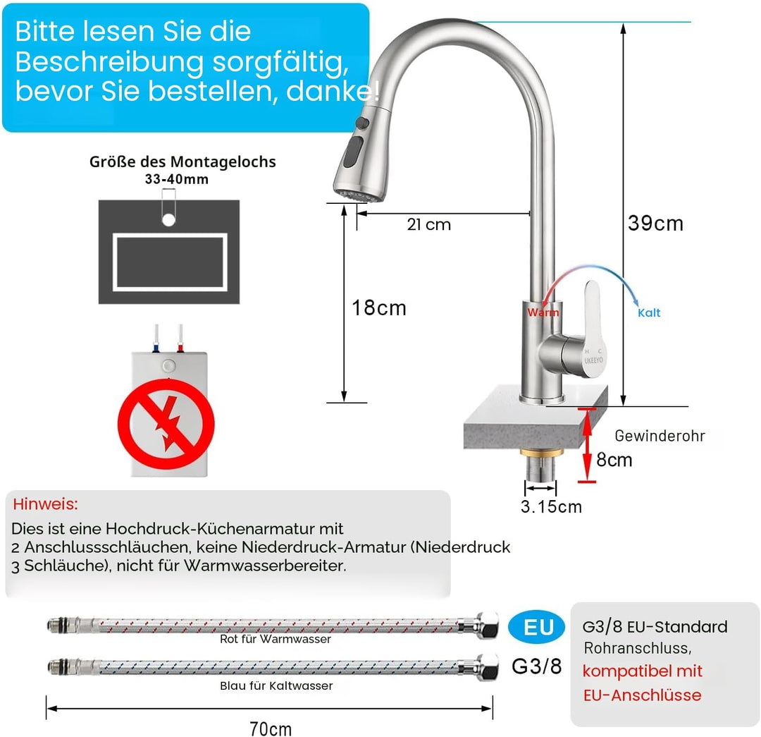 Wasserhahn Küche, Niederdruck Küchenarmatur mit Herausziehbarer Brause Ausziehbar Armatur, Mischbatt
