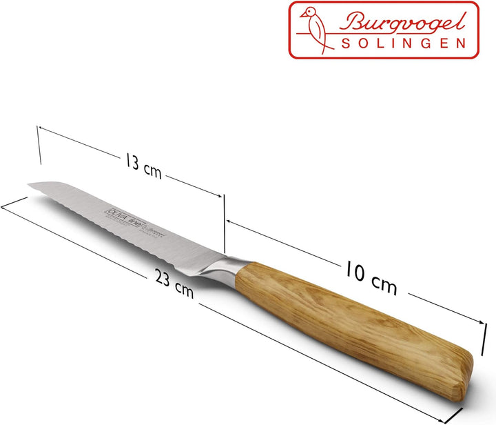 Burgvogel Solingen Brötchenmesser 13 cm geschmiedet Olivenholz, Oliva Line, Wellenschliff, rostfrei,