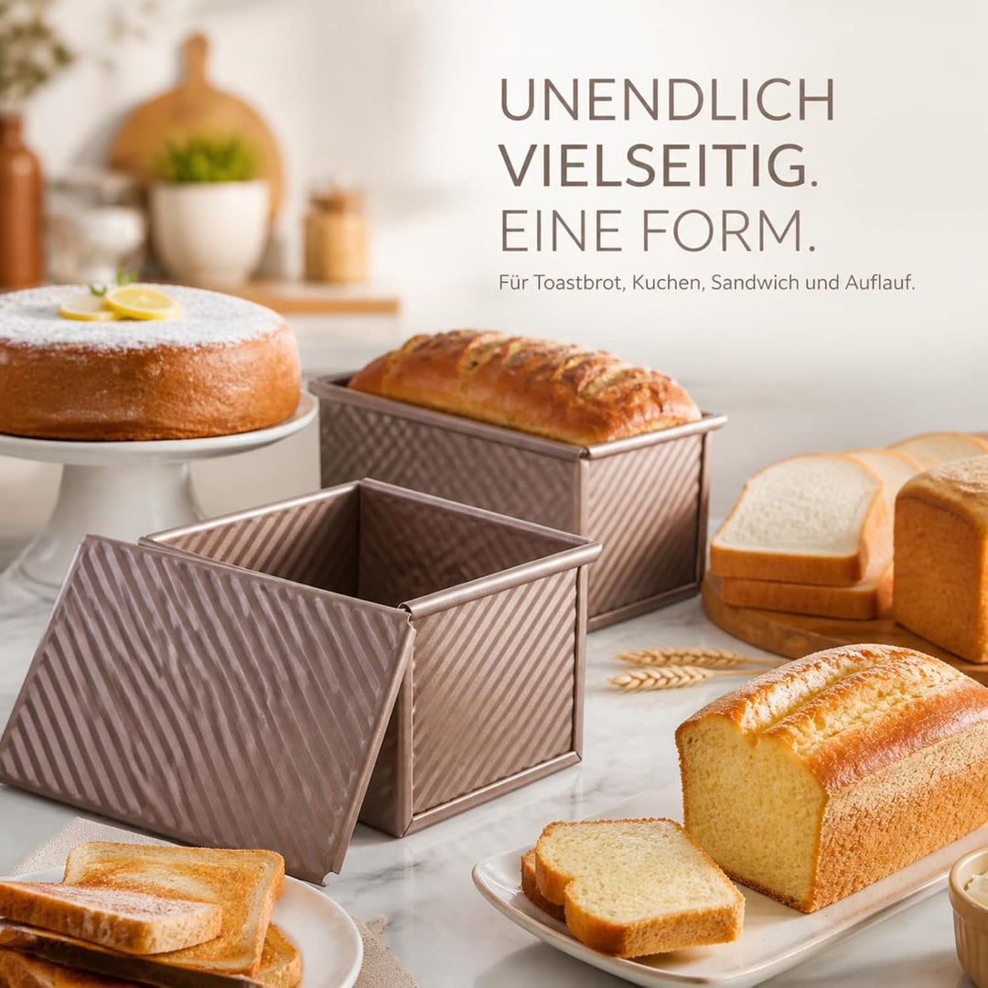 2er Set Brotbackform Rechteckig Edelstahl mit Deckel 19/21cm | Toastbrot Backform mit Zubehör, Roség