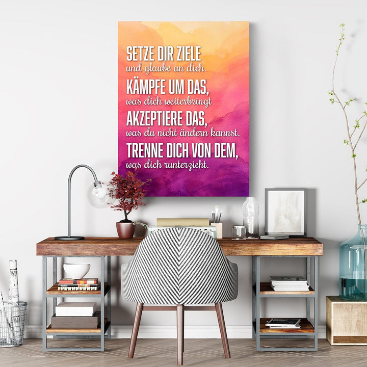 wandmotiv24 Motivations Motiv als Leinwandbild, 100x75cm, Hochformat, setze dir Ziele, Lila, Orange,