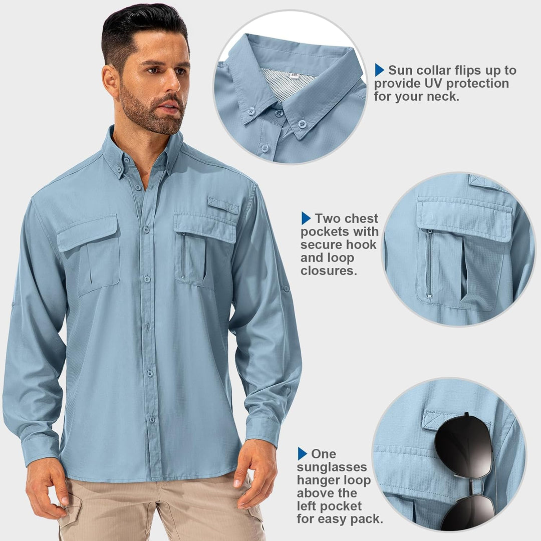 Asfixiado Hemd Herren Safari UPF50+ UV Schutz Wanderhemd Herren Langarm Funktionshemd Outdoorhemd At
