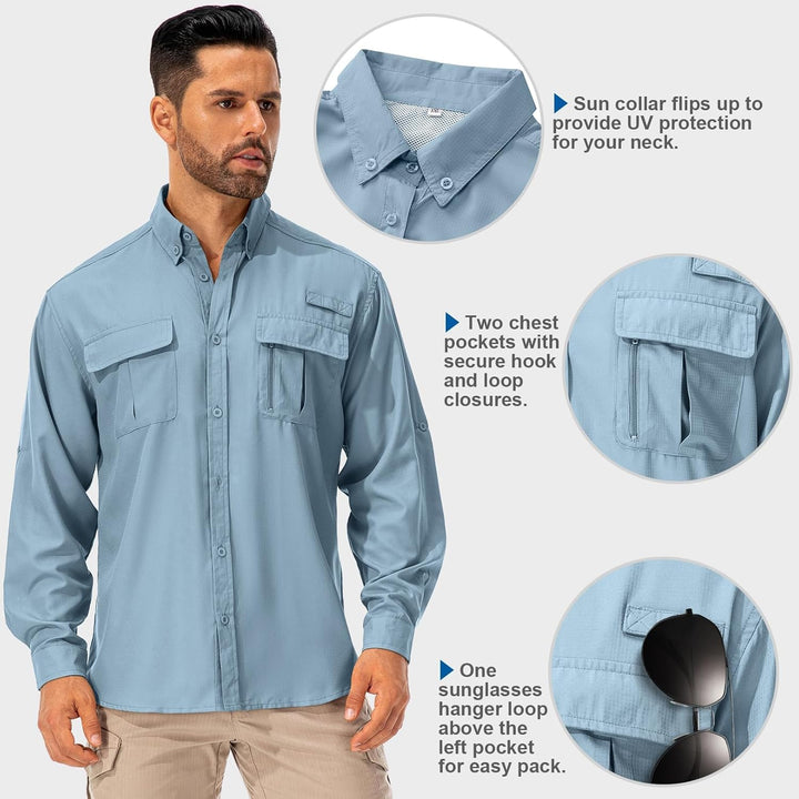Asfixiado Hemd Herren Safari UPF50+ UV Schutz Wanderhemd Herren Langarm Funktionshemd Outdoorhemd At