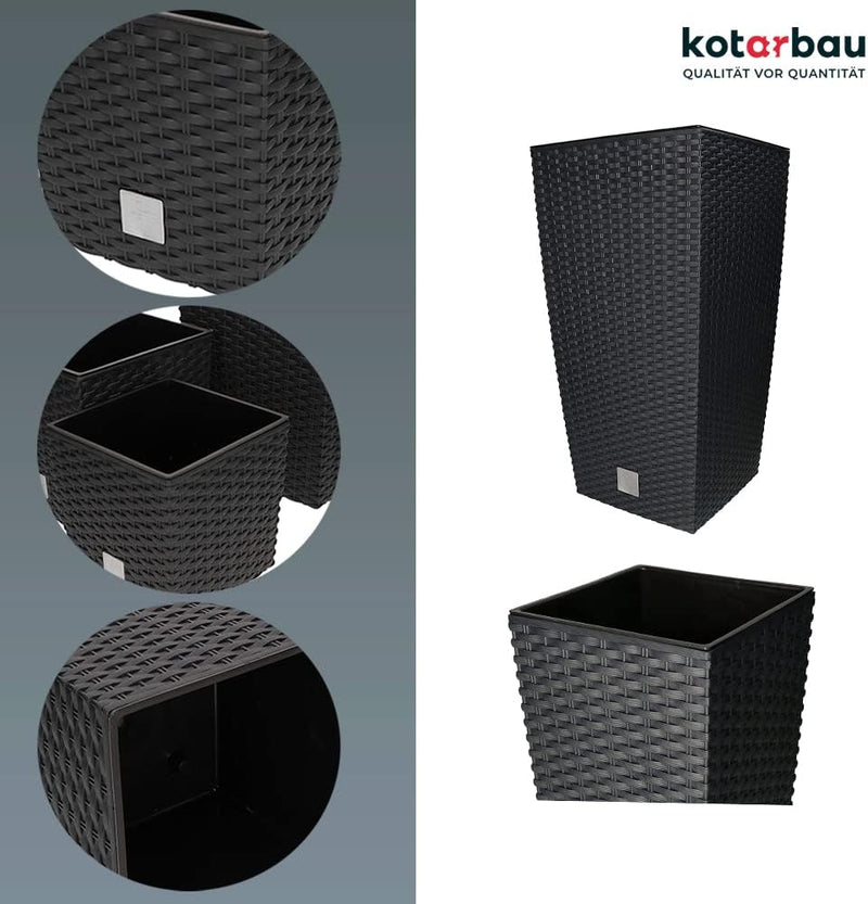 KOTARBAU® Blumentopf 325x325x610mm Rattandesign Quadratisch mit Innentopf Anthrazit, 325x325x610mm