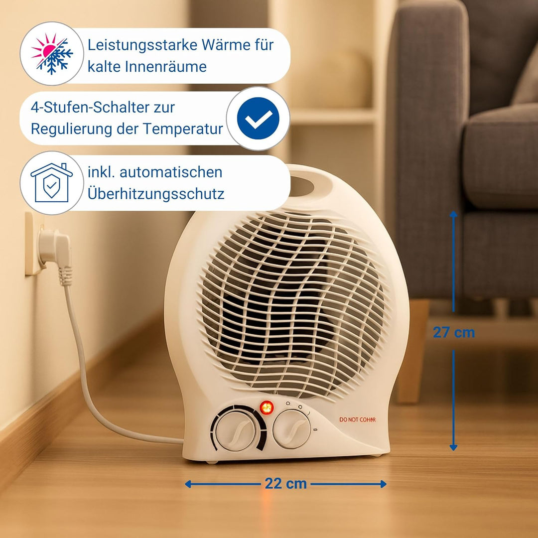 elasto – Heizlüfter "Mobil" 2000W inkl. Ventilator – tragbares Heizgerät mit Thermostat & 4-Stufen-S