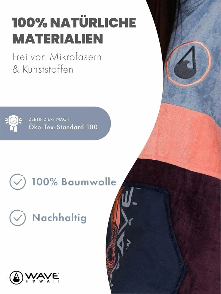 WAVE HAWAII Barravento Surfponcho für Körpergrössen 160-190 cm Poncho 100% ÖKO Baumwolle Velours Umk