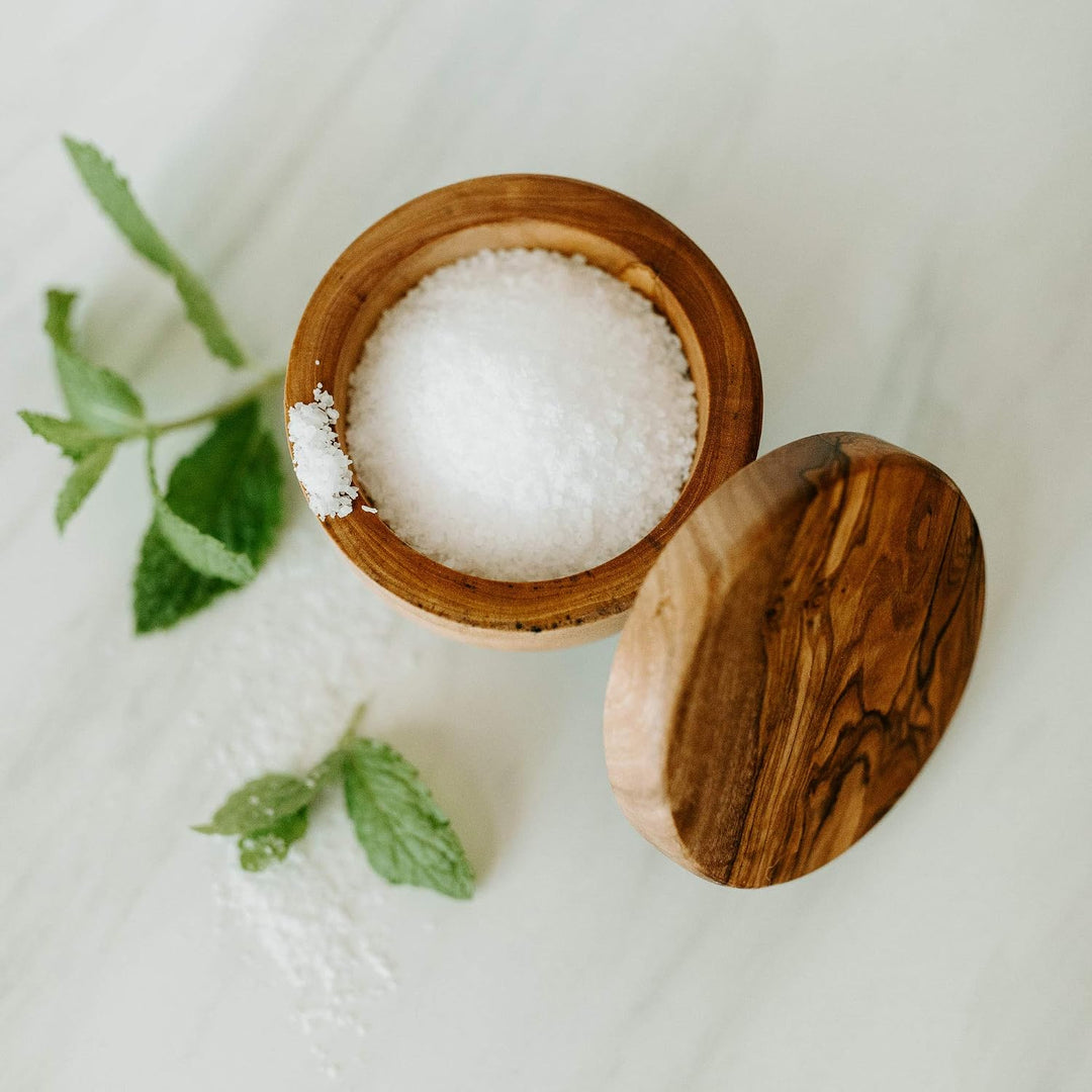 Tramanto Olive Wood Salt Box and Pot, Holds Salt for Easy Pinch, Classic Wood Design by Thirteen Che
