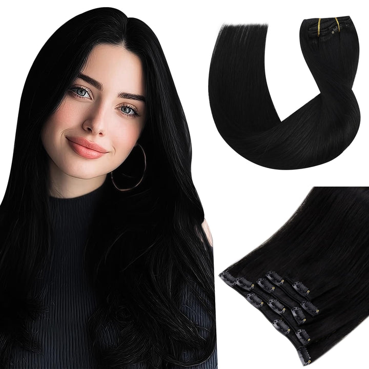 Vivien Extensions Echthaar Clip in Schwarz 30 cm Remy Echthaar Clip in Extensions Tiefschwarz Invisi