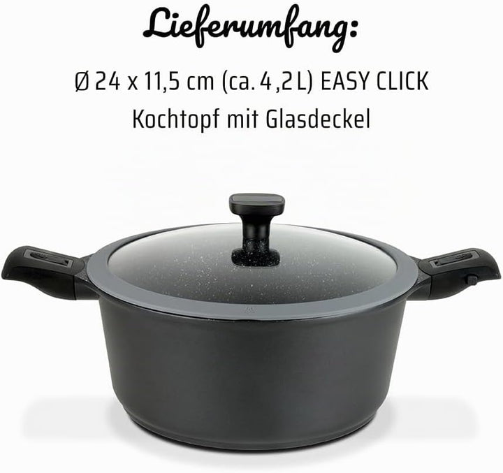 GSW 167857 Easy Click Kochtopf mit Glasdeckel und abnehmbaren Griffen, Aluminium, schwarz - ⌀24 cm 1