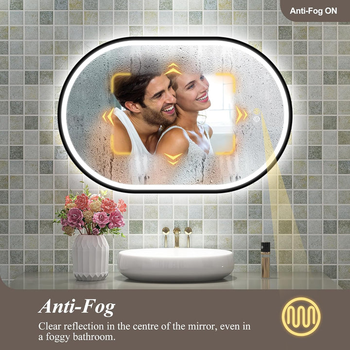 S'bagno Badspiegel mit Beleuchtung Oval 60x90cm, LED Badezimmerspiegel mit Aluminiumrahmen, Nebelfre