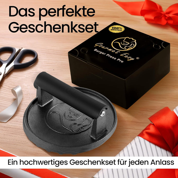 Burgerpresse Gusseisen antihaft | Grosser Burger Smasher (Ø15cm) mit hitzeabweisendem Griff | Fleisc