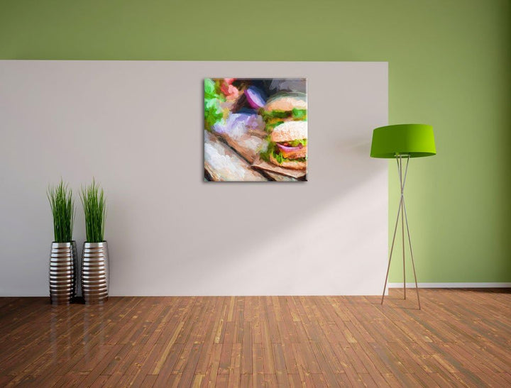 Pixxprint Leckere Burger Pinsel Effekt, Format: 70x70 auf Leinwand, 70x70