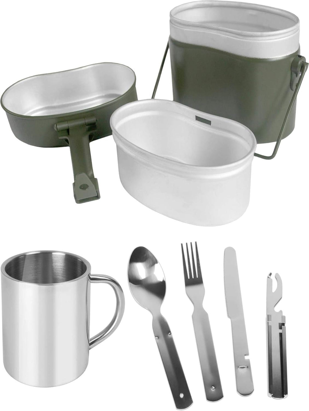 normani Bundeswehr Essgeschirrset Bund Essbesteck + BW Aluminium Kochgeschirr + Edelstahltasse Oliv