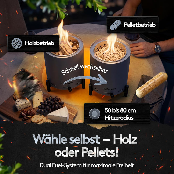 Raucharmes Tischfeuer für Pellets & Holz – Kompaktes Outdoor-Flammenfeuer mit 360° Luftregulierung,
