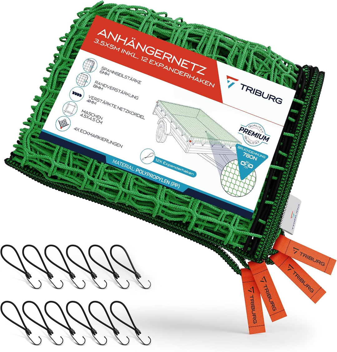 TRIBURG Anhängernetz 3,5x5 inkl. 12x Expander Haken - Anhänger Netz mit Eckmarkierungen und Randvers