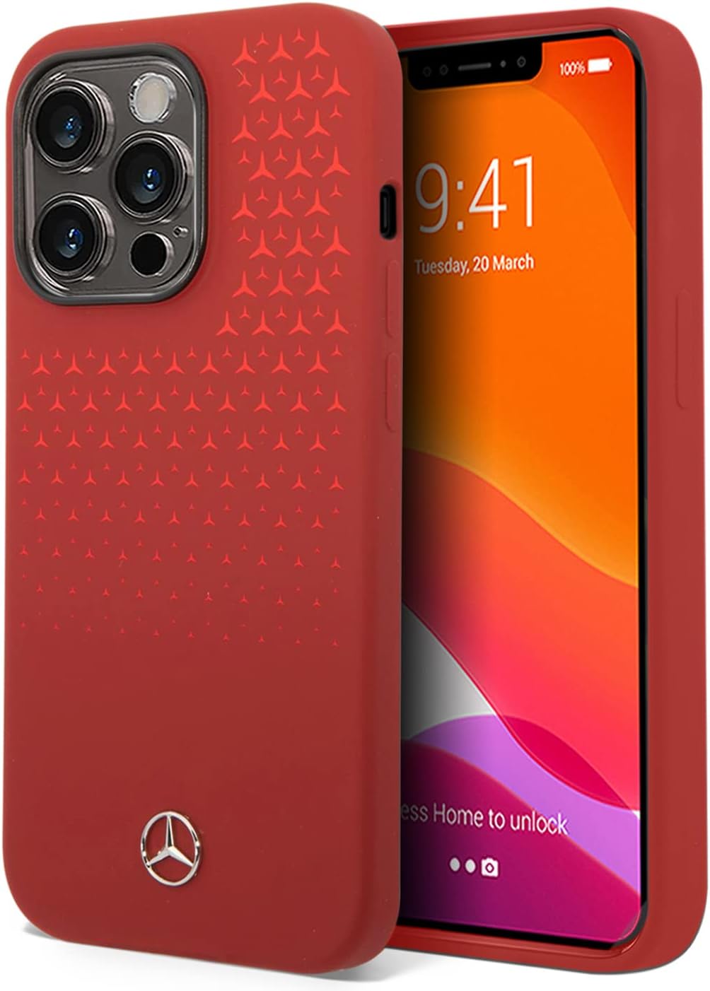 CG MOBILE Mercedes-Benz Schutzhülle für iPhone 14 Pro in Rot Farbverlauf Stern Muster Flüssigsilikon