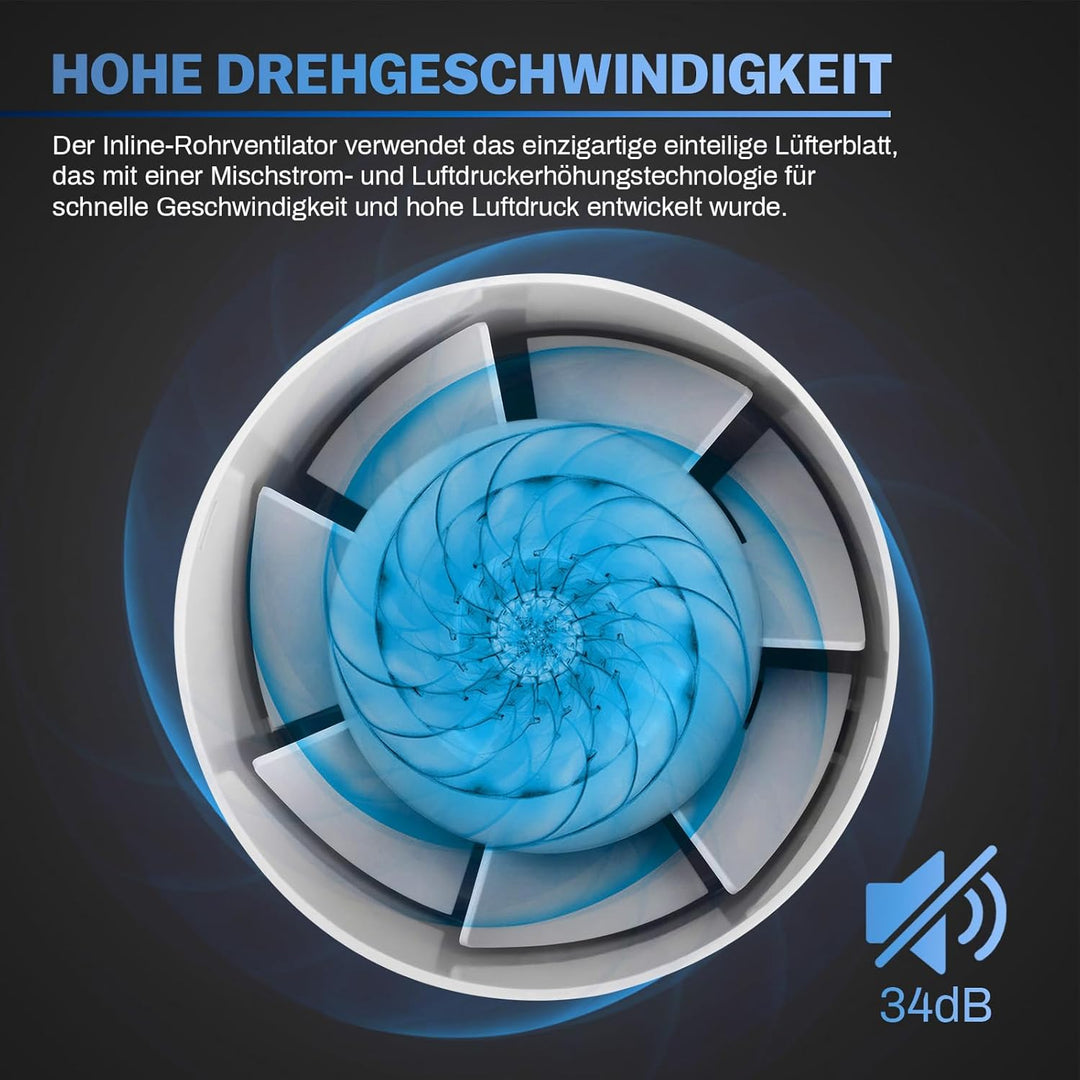 Kanal Rohrventilator 100 mm, inkl. Rückstauklappe, 130 m3/h, Inline-Abluftventilator mit 3 m Netzkab