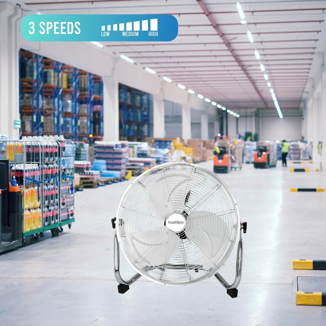 Bastilipo – 45 cm Industrieventilator, verstellbarer Kopf, 120 W, 3 Geschwindigkeiten, Chrom, medite