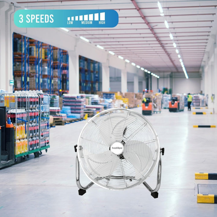 Bastilipo – 45 cm Industrieventilator, verstellbarer Kopf, 120 W, 3 Geschwindigkeiten, Chrom, medite