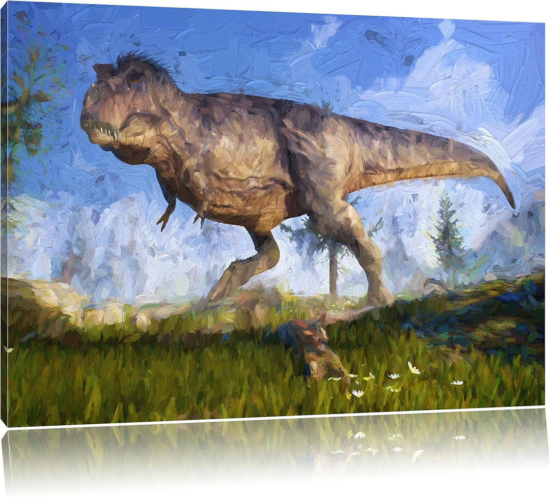 Pixxprint T-Rex Dinosaurier in der Natur Kunst Pinsel Effekt, Format: 100x70 auf Leinwand, 100x70