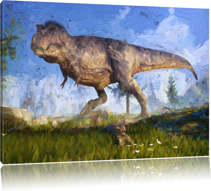 Pixxprint T-Rex Dinosaurier in der Natur Kunst Pinsel Effekt, Format: 100x70 auf Leinwand, 100x70