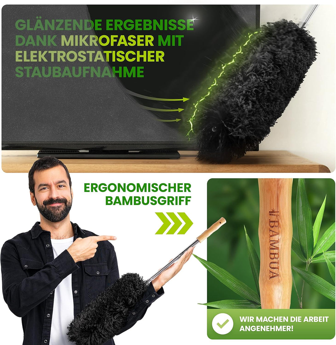 Staubwedel Teleskop - Effektiver Staubfänger mit speziellen Mikrofaser - Bambusgriff - Hergestellt a