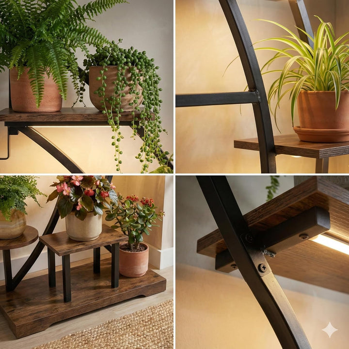Pflanzenständer mit Wachstumslicht, 9 Ebenen Blumenregal aus Metall & Holz, 160cm hoch, Indoor & Out