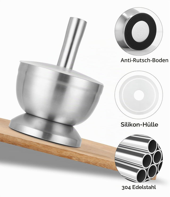 304 Mörser mit Stössel Set mit Stössel Klein, Löffel und Silikondeckel Gewürzmühle Brecher Kräutersc