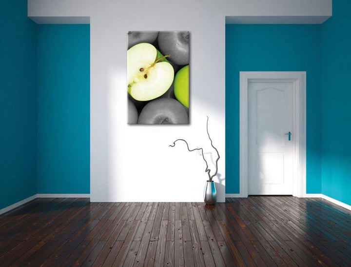 Pixxprint saftige grüne Äpfel schwarz/weiss, Format: 70x100 auf hochkantiges Leinwand, 70x100