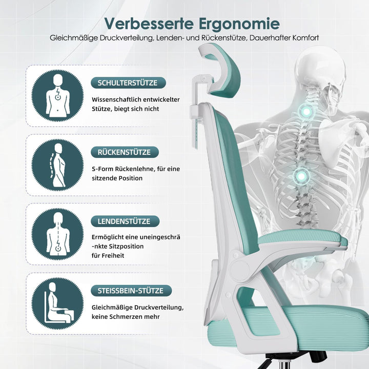 Bürostuhl ergonomisch, Schreibtischsessel mit verstellbare Kopfstütze und Armlehnen, gepolsterte Lor
