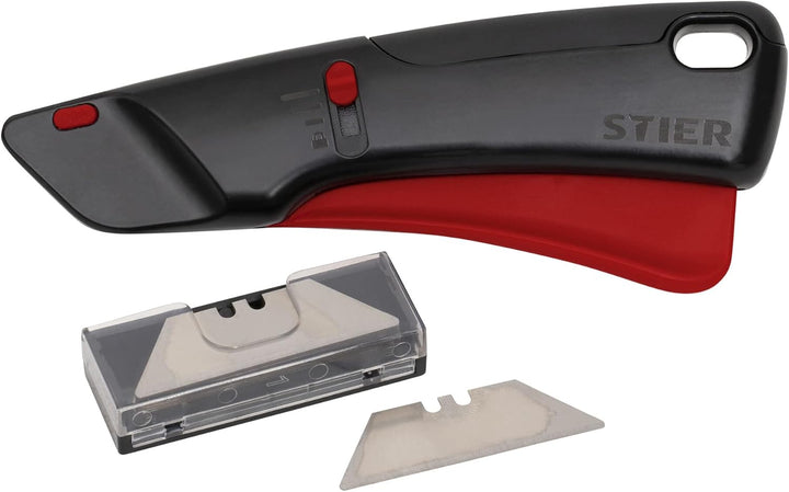 STIER Sicherheits-Cuttermesser Premium mit 10 Ersatz-Klingen, automatischem Klingeneinzug