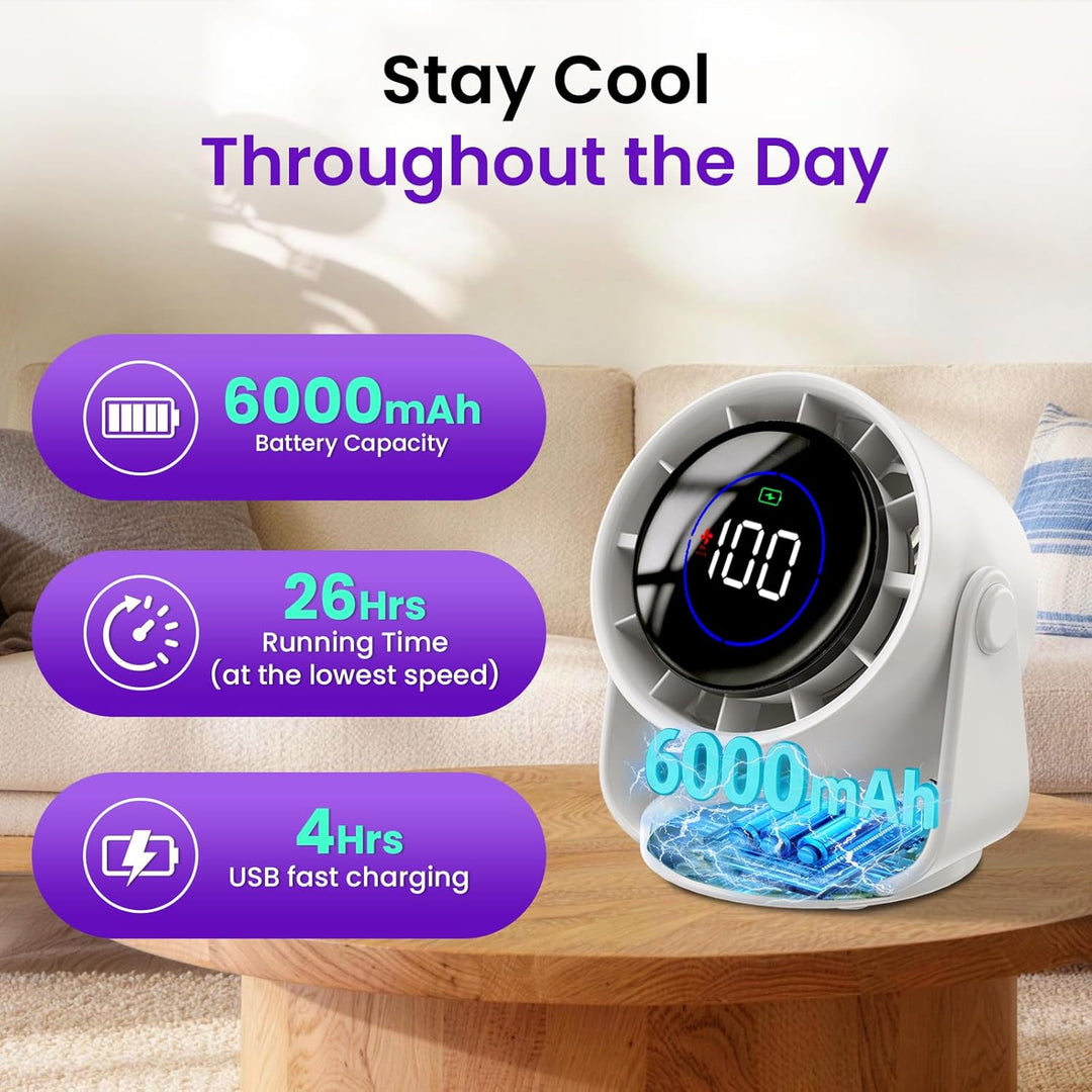 Tischventilator, Batterie USB Ventilator mit 11 Geschwindigkeitsstufen, 105°-Schwenkfunktion, LED-Di