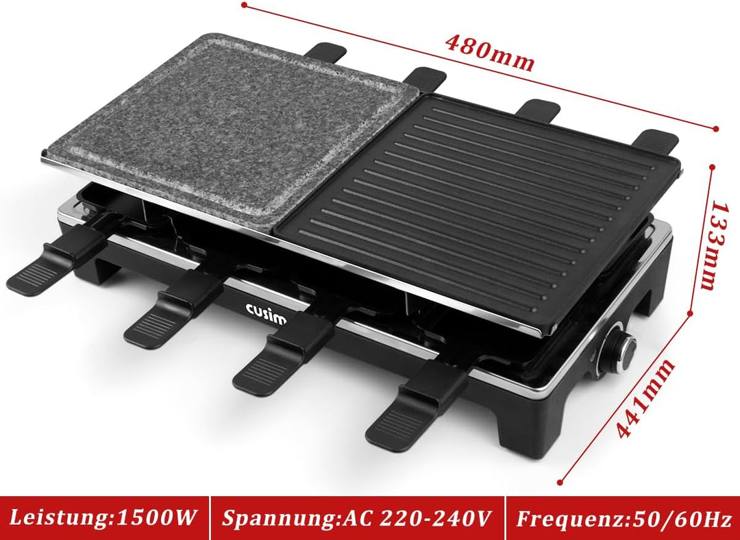 CUSIMAX Raclette Grill mit Reversible Grillpfanne & Natürlichem Grillstein, Raclette Partygrill für